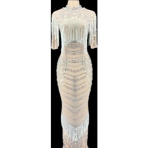 Luxury Mesh Silver Crystals Chains Long Dress Women Wedding Birthday Celebrate Evening Transparent Dress Prom Rhinestones Dress