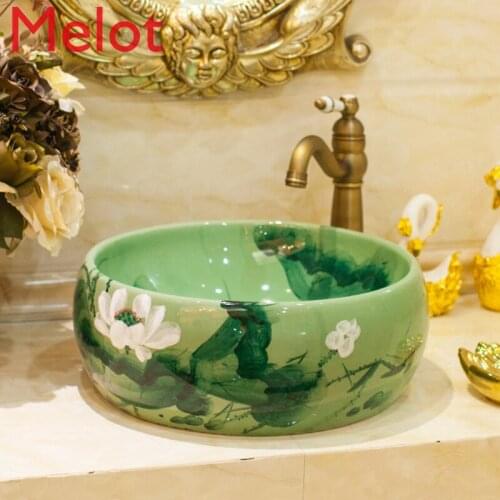 Hand-Painted Square Basin Ceramic Basin Basin Art Basin Basin Washbasin Emerald Green Lotus