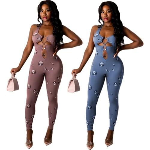 Strrtwear Water Droplets Print Overalls for Women Sexy Halter Hollow Out Bandage Pencil Pants Bodycon Jumpsuit Women Romper