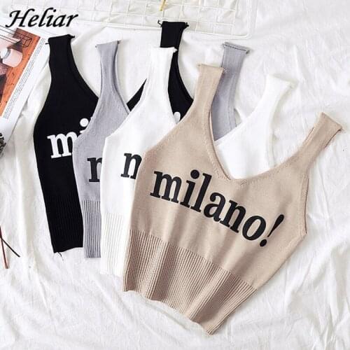 HELIAR Women Tops Sexy Crop Tops Deep V-Neck Lettering milano Camisoles Lady Slim Night Club Knitted Crop Tops For Women Summer