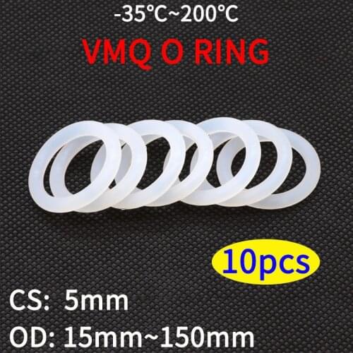10pcs VMQ O Ring Seal Gasket CS 5mm OD 15 ~ 150mm Silicone Rubber Insulated Waterproof Washer Round Shape White Nontoxi