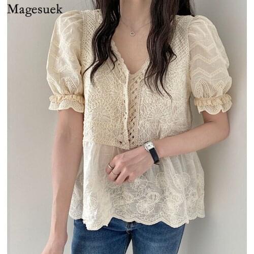 New V Neck Embroidered Blouse Women Korean Fashion Floral Hollow Out Elegant Tops Puff Short Sleeve Sweet Stitching Shirt 14664