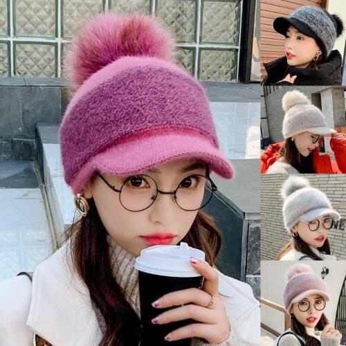 Women Winter Thick Warm Fuzzy Knit Beanie Cap with Visor Bill Cute Pompom Cold Weather Windproof Skullies Baseball Cap