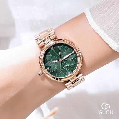 Luxury Top Brand GUOU Rose Gold Women Watch Lady Fashion Crystal Bracelet Quartz Female Flower Dial Stainless Steel Dress Watch