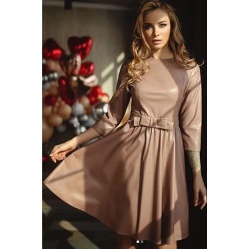 Women Casual Front Bow PU A-line Dress Three Quarter Sleeve O neck Solid Elegant Casual Prom Dress 2021 Spring Fashion Dress