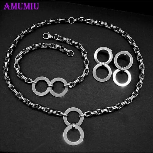 AMUMIU Byzantine Necklace Bracelet Earrings Men Women Jewelry Set Chain Linked Black Silver Color Round HZJS180