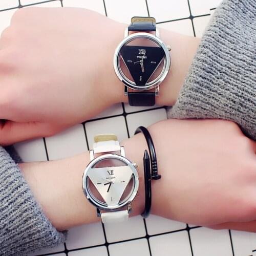 Fashion hollow triangle women quartz watches simple novelty and individualism creative wrist watch black white leather clock
