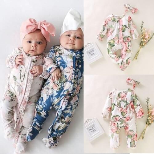 TELOTUNY Toddler Romper Floral Print Kids Baby Boy Girl Newborn Infant Footed Sleeper Romper Headband Clothes Outfits Set 0-24M