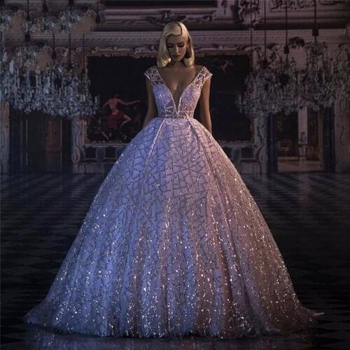 Long Evening Dresses 2021 Glitter Sequin Deep V-neck Puffy Ball Gown Formal Evening Gowns Abendkleider