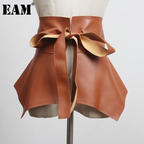 [EAM] Pu Leather Camel Ruffles Bandage Wide Belt Personality Women New Fashion Tide All-match Spring Autumn 2021 1DC533