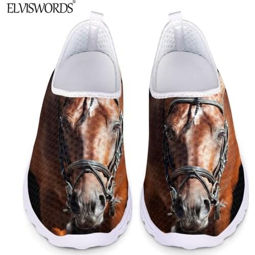 ELVISWORDS Brand Design 3D Horse Printed Women Casual Slip on Breathable Mesh Running Shoes Girls Light Sneaker Flat Shoes