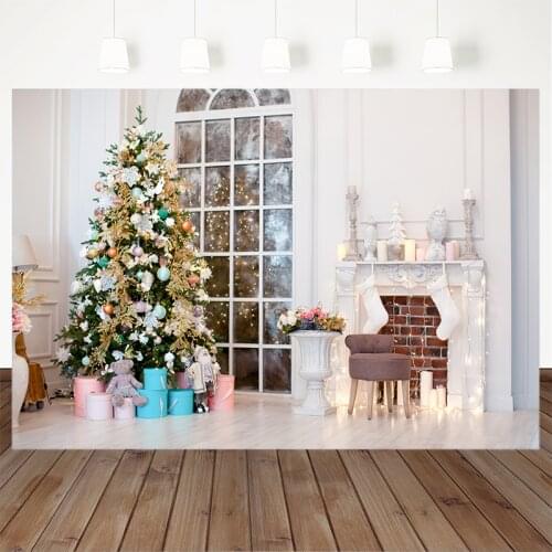 Photography Backdrops Christmas Tree Fireplace Gift Sock Candle White Decorative Wall Christmas Background For Photo Studio