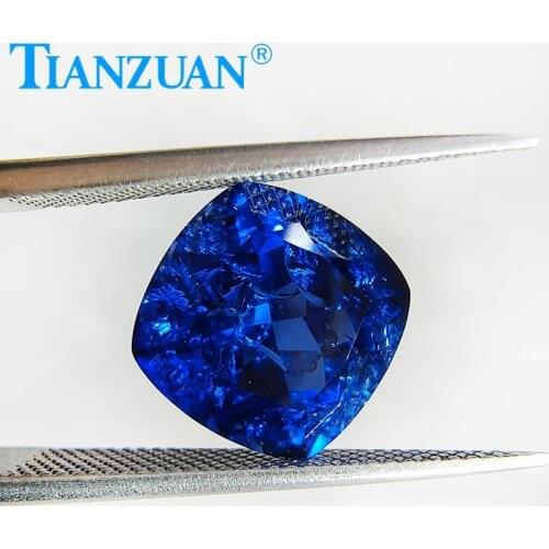 Cushion shape natural cut blue color created Artificial sapphire corundum stone with cracks and inclusionsloose stone