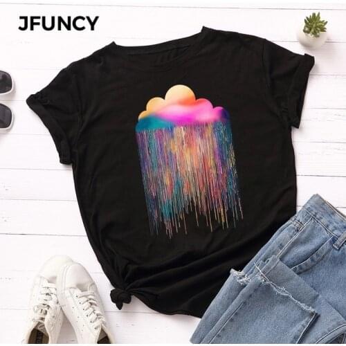 JFUNCY Plus Size Summer T Shirt Women Colorful Rain Cloud T-Shirt Short Sleeve Cotton Woman Shirts Girl Tee Tops Female Tshirt