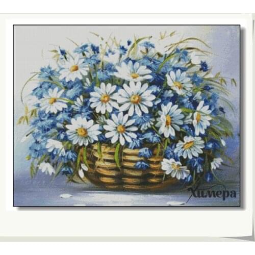 Cornflower and white daisy flower basket 14CT Counted Canvas DIY,Cross-stitch kits,Embroidery -110505 Riverside landscape