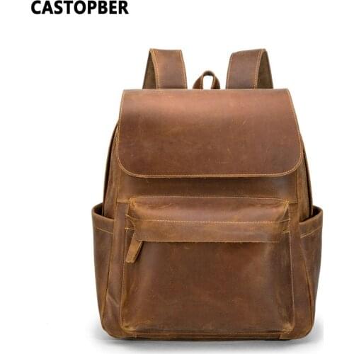 Vintage Crazy Horse Genuine Leather Brown Backpack With Laptop Compartment For Men Retro Daypack Side Pockets Male High Quality