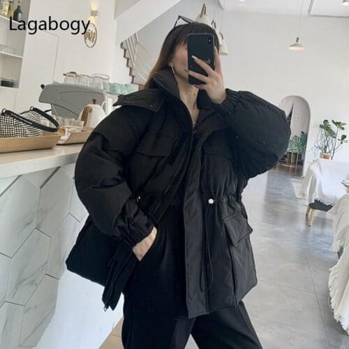 Lagabogy 2021 New Winter White Duck Down Coat Women Adjustable Waist Puffer Jacket Female Loose Thick Warm Pocket Parkas Hooded