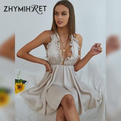 ZHYMIHRET 2021 Summer Satin Deep V Neck Halter Pleated Dress Women A Line Ruffles Sexy Backless Mini Sundress Festival Outfit