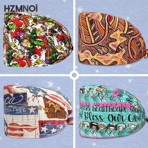 Cute Cartoon Print Ladies Nurse Cap Surgical Cap Pet Hospital Surgeon Cap Dentist Cap Beauty Salon Chef Breathable Scrub Cap