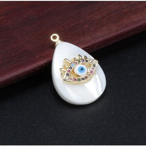 Multi-color zirconium glass paved blue evil eye charm white water drop mother pearl shell pendant & choker necklace for women
