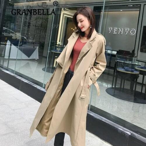 Fashion Hot double-breasted chic Women windbreaker Solid Color Elegant Newest Female Trench Coat With Belt