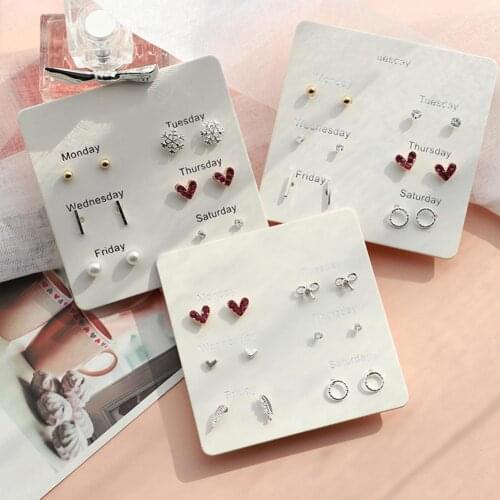Fashion Stud 6Pcs/Set Heart Feather Snowflake Circle Ear Stud Earrings Jewelry Gift Personality Student Accessories