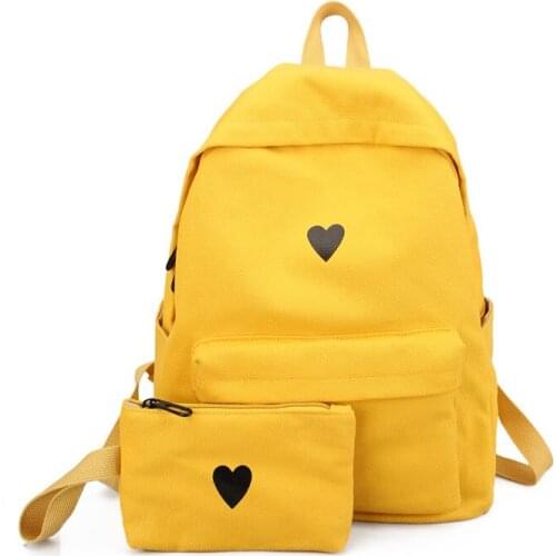 Fashion Canvas Printed Heart Yellow Backpack Korean Style Students Travel Bag Girls School Bag Laptop Backpack Leisure Back Pack
