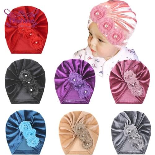 Nishine Handmade Shabby Flowers Baby Girls Indian Hats 18*21 CM Toddler Soft Skin-friendly Warm Gold Velvet Hat Kids Accessories