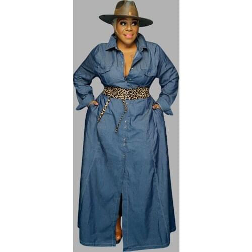 Fall Clothes Maxi Dresses for Women Turn Down Collar Casual Long Sleeve Dress Plus Size Women Denim Dress Wholesale Dropshipping