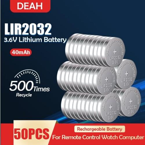 50PCS LIR2032 LIR 2032 3.6V Rechargeable Lithium Battery For Watch Remote Control Scale Button Coin Cell Replace CR2032 ML2032