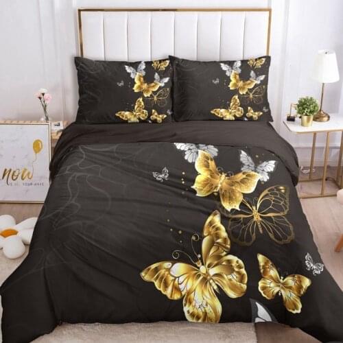 Luxury 3D Bedding Sets Duvet Cover Set Blanket Quilt Cover and Pillowcase 2-3pcs/set Black Gold Butterfly Bed Set for Wedding