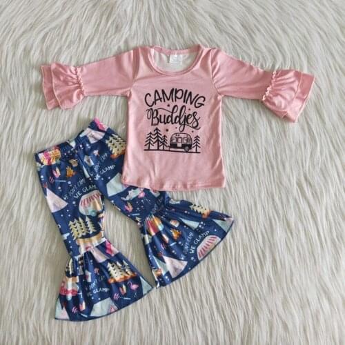 RTS baby camping print long sleeve pink shirt top bell bottom pants little girls boutique outfits clothing fall children clothes