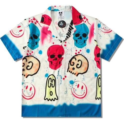 Loose Men Beach Shirts Graffiti Skull Print Casual Summer Vacation Short Sleeve Button Down Oversize Hawaiian Shirts For Man