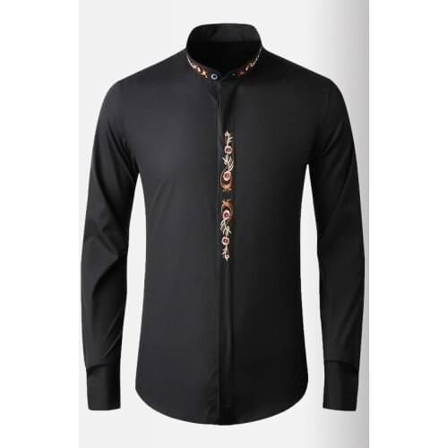 NEW Stand Collar Male Shirts Luxury Chinese Style Embroidery Long Sleeve Mens Dress Shirts Slim Fit Party Male Shirts 4XL