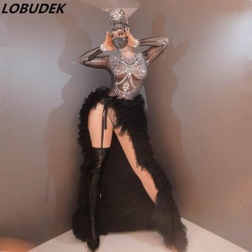 Silver Rhinestones Transparent Black Bodysuit Long Tailing Skirt Birthday Celebrate Outfit Prom Party Singer Stage Dance Costume