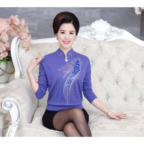 Hot Sale Womens Cashmere Sweater Autumn & Winter Middle Aged Mother Sweater Pullover Mandarin Collar Wool Basic Shirt Sweater