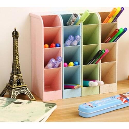 Vertical Wheat Straw 4 Grids Desktop Storage Box Nordic Style Pen Pencil Holder Multifunctional Cosmetic Drawer Organizer