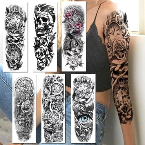 Large Size Death Skull Clock Temporary Tattoos Sticker For Women Men Fake Rose Peony Evil Eyes Full Arm Legs Sleeve Tatoo Party