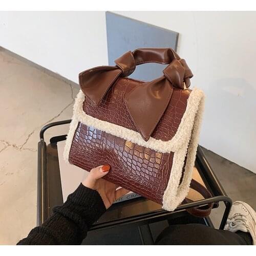 Vintage Wool Side Crossbody Handbag Women Fashion Alligator Pattern Top Handle Bag Women Leather Pu Shoulder Bag Women