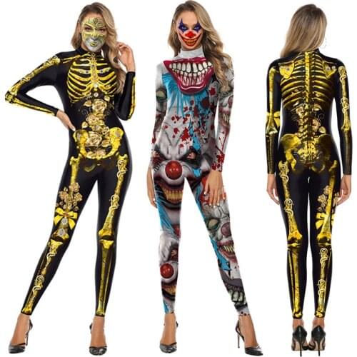 Halloween Costumes For Women Long Sleeve Skeleton Skull Bone Printed Jumpsuit Cosplay Bodysuit Joker Scary Zombie Clown Catsuits
