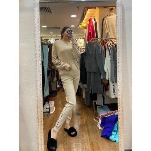 2020 O-neck Drawstring Pull Promotion Women Sweater Winter High Quality New Cashmere Set Casual Knitted Collar Sleeve And Pants