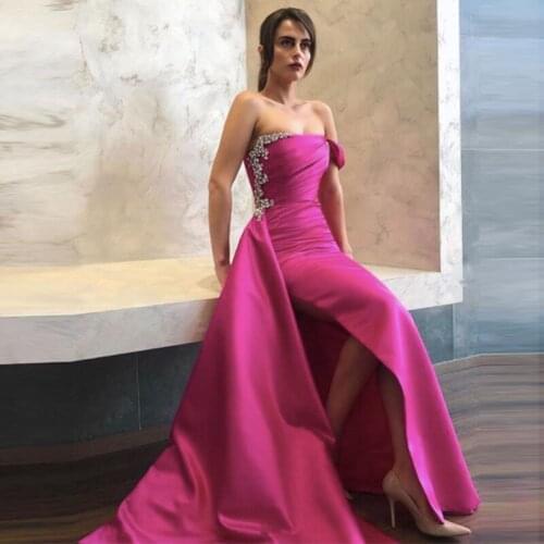 Rose Red Beading Strapless Long Evening Gowns Pleated High Slit Prom Party Dresses Special Occasion Gowns Vestidos De Gala
