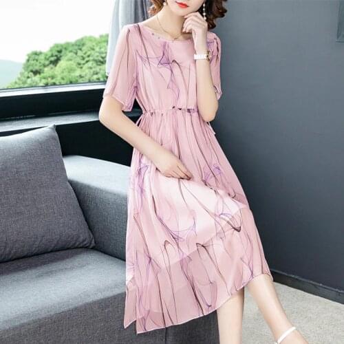 2021 Vintage Mulberry Silk Beach Dress Summer Casual Pink Print Plus Size Chiffon Midi Dress Elegant Women Bodycon Party Vestido