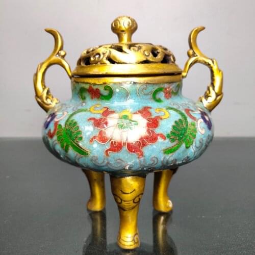 6"Tibet Temple Collection Old Bronze Cloisonne Enamel Three-legged elephant trunk Incense Binaural incense burner Town House