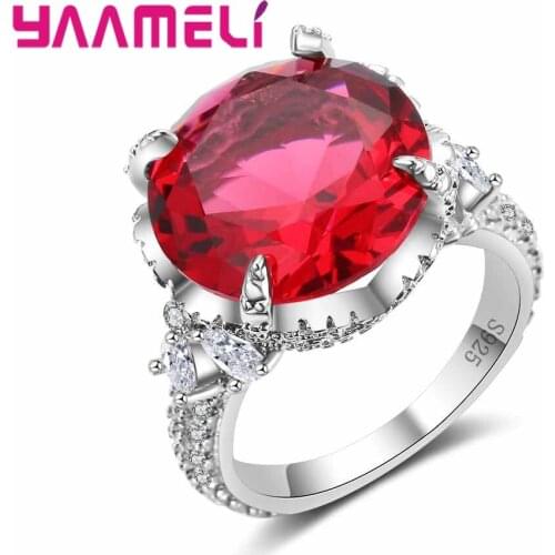 925 Sterling Silver Luxurious Enthusiasm Red Round Crystal Stone Ring Birthday Party Jewelry Cubic Zirconia Gift