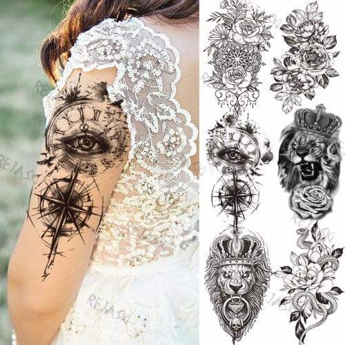 Big Compass Eye Totem Temporary Tattoos For Women Girl Peony Rose Realistic Fake Tattoos Lion Snake Arm Clock Tatoo Sticker