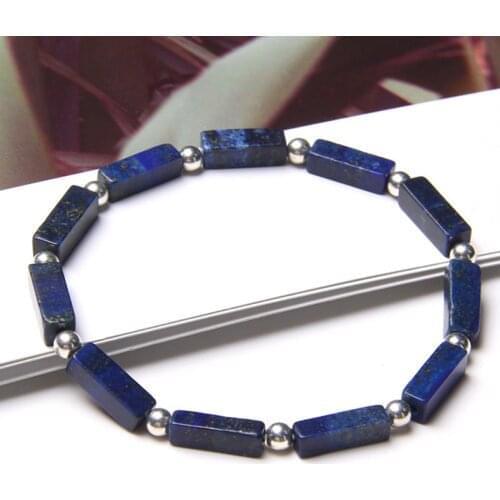 Square Tube Natural Blue lapis lazuli Stone Beads Bracelet Tiny Round Silver Color Ball Charm Bracelet Women Men Energy Jewelry