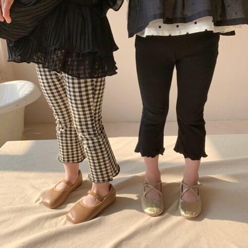 2021 New Spring Korean Style Baby Girls Knitted Elastics Flare Pants Fashion Plaid Kids Skinny Ankle-length Trousers