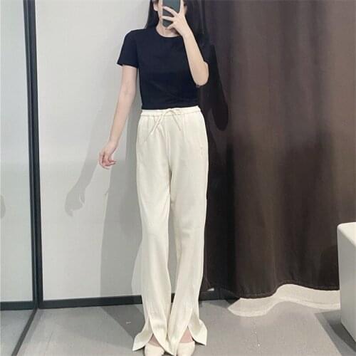 TRAF Women 2021 Fashion High Waist Solid Color Trousers Retro elastic Waist Drawstring Split Design Wide Leg Pants Streetwear