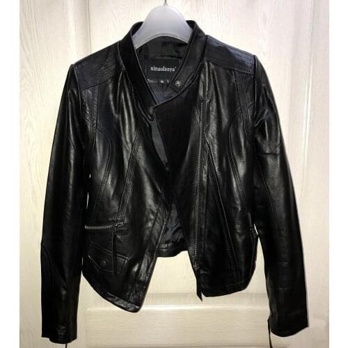 Cheap Factory Womens Black Genuine Leather Jacket Real Sheepskin Female Short Slim Fit Leather Motorcycle Jacket S-XXL